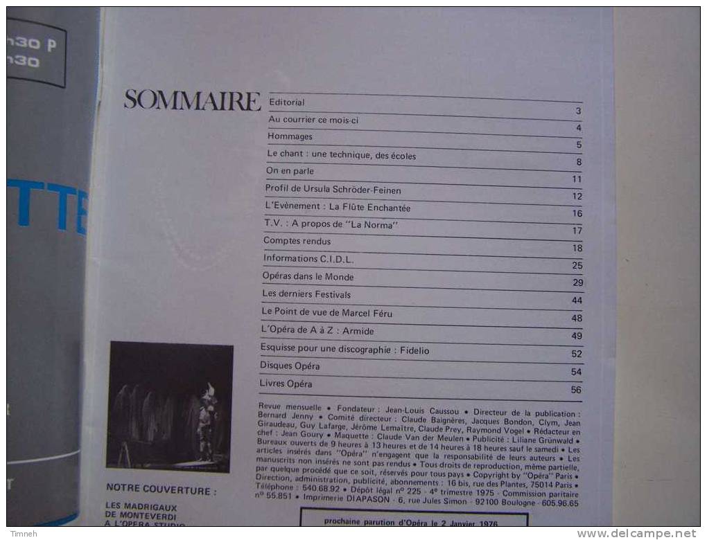 OPERA-théâtre Musical Opérette Danse Disques Films Variétés-n°109-décembre1975-La Flûte Enchantée-NORMA-Schröder Feinen- - Musik