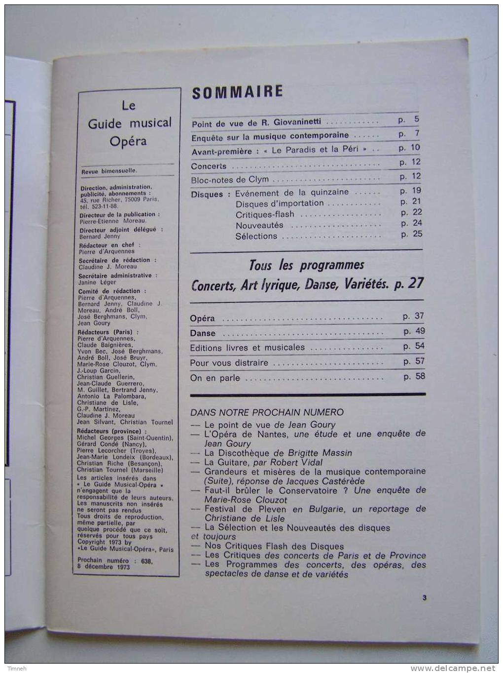 N°637.novembre 1973-LE GUIDE MUSICAL Opéra-une Révélation Don Juan à Lyon-concert Disque Opéra Danse Son édition- - Muziek