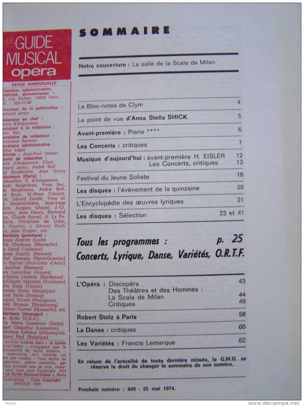 N°648.mai 1974-LE GUIDE MUSICAL Opéra-la Scala-concert Disque Danse Son édition- - Musica