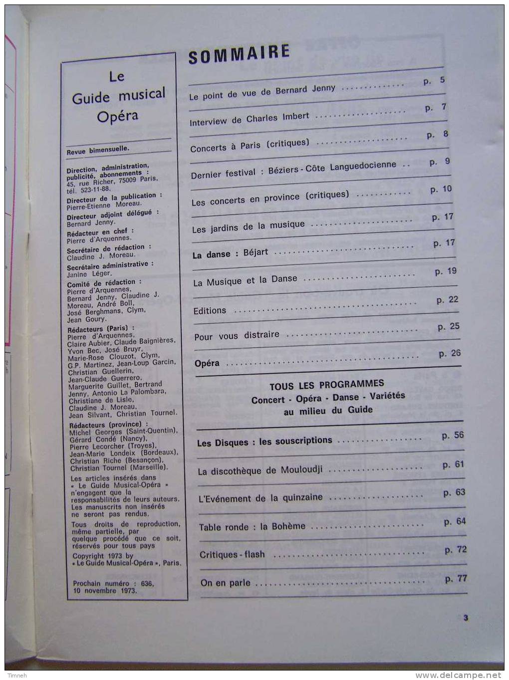 N°635.octobre 1973-LE GUIDE MUSICAL Opéra-la Révolution Française La Bohême-concert Disque Danse Son édition- - Musik