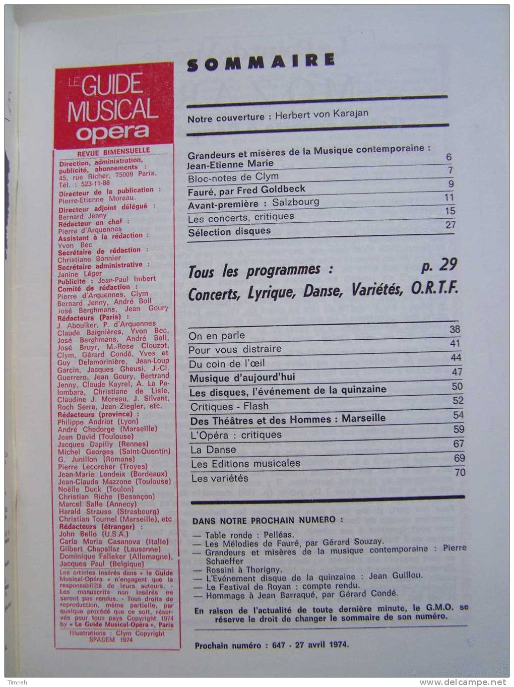 N°646.avril 1974-LE GUIDE MUSICAL Opéra-SALZBOURG-Fauré-concert Disque Danse Son édition- - Muziek