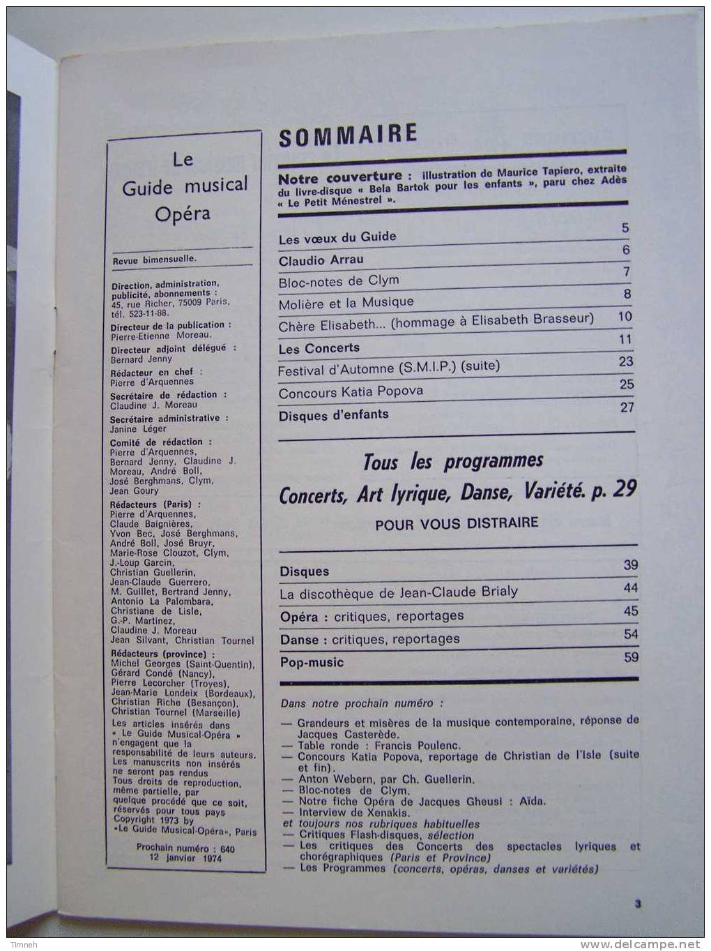 N°639.décembre 1973-LE GUIDE MUSICAL Opéra-joyeux Noël-Arrau- Katia Popova-concert Disque Danse Son édition- - Música