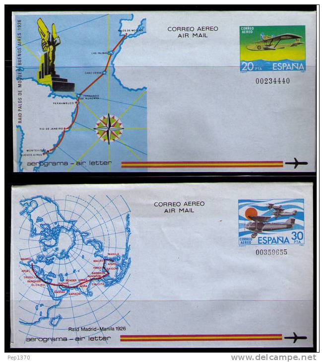 AEROGRAMAS DE 1981 JUEGO DE 2 UNIDADES (MADRID-MANILA) (PALOS DE MOGUER-BUENOS AIRES) - Cartas & Documentos