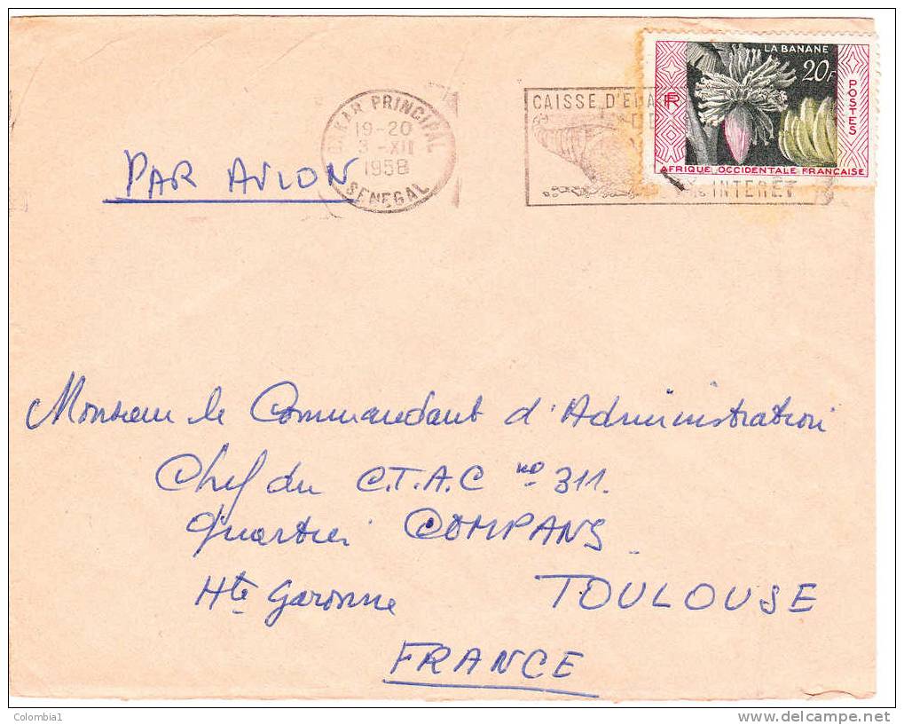 AOF Lettre De DAKAR Du 3.12.1958 Via Toulouse - Covers & Documents
