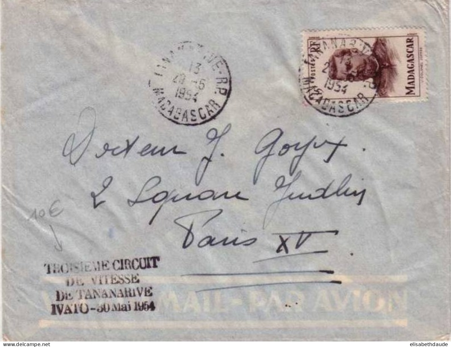 MADAGASCAR -  3° CIRCUIT De VITESSE TANANARIVE - IVATO - 1954 - LETTRE De TANANARIVE Pour PARIS - - Lettres & Documents