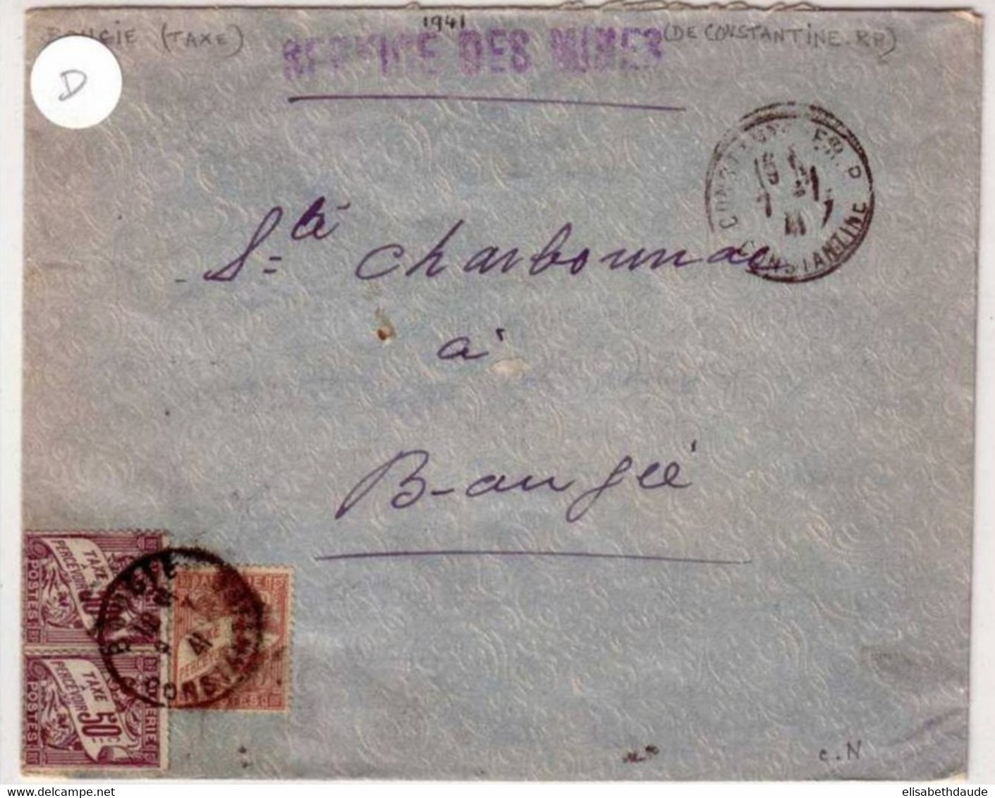 ALGERIE - 1941 - LETTRE TAXEE à 2F De CONSTANTINE Pour BOUGIE - RARE - Brieven En Documenten