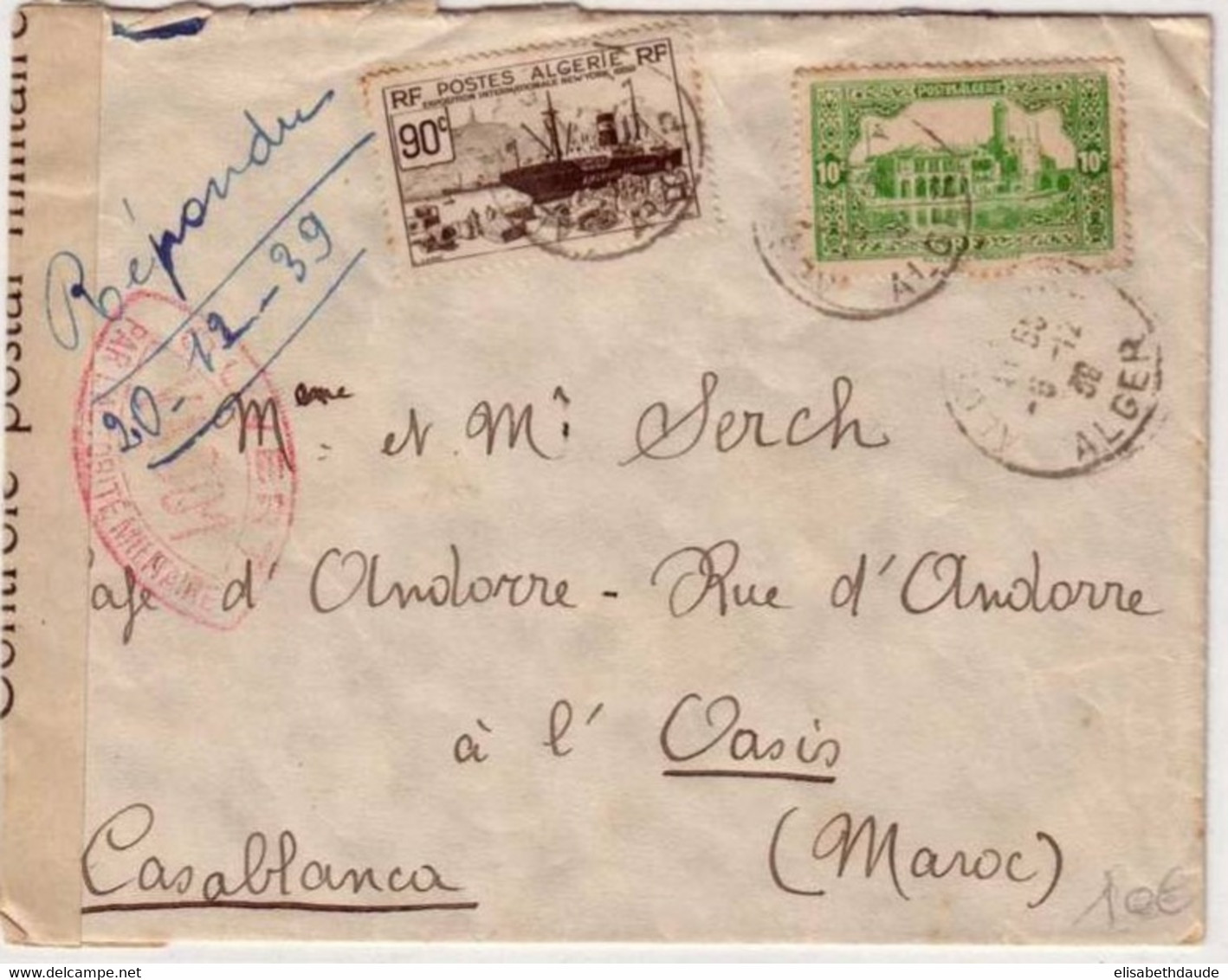 ALGERIE - 1939 - LETTRE CENSUREE D' ALGER Pour CASABLANCA (MAROC) - Covers & Documents