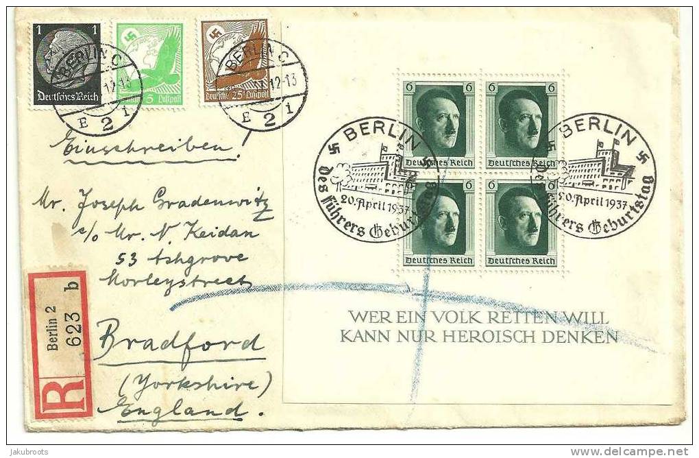 REGISTERED  COVER   WITH  HITLERS  MIN.SHEET   FROM BERLIN--BRADFORD  ENGLAND - Briefe U. Dokumente