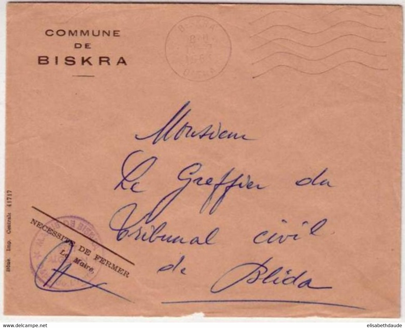 ALGERIE - 1963 - LETTRE FRANCHISE De SERVICE De La VILLE De BISKRA Pour ALGER - Algérie (1962-...)