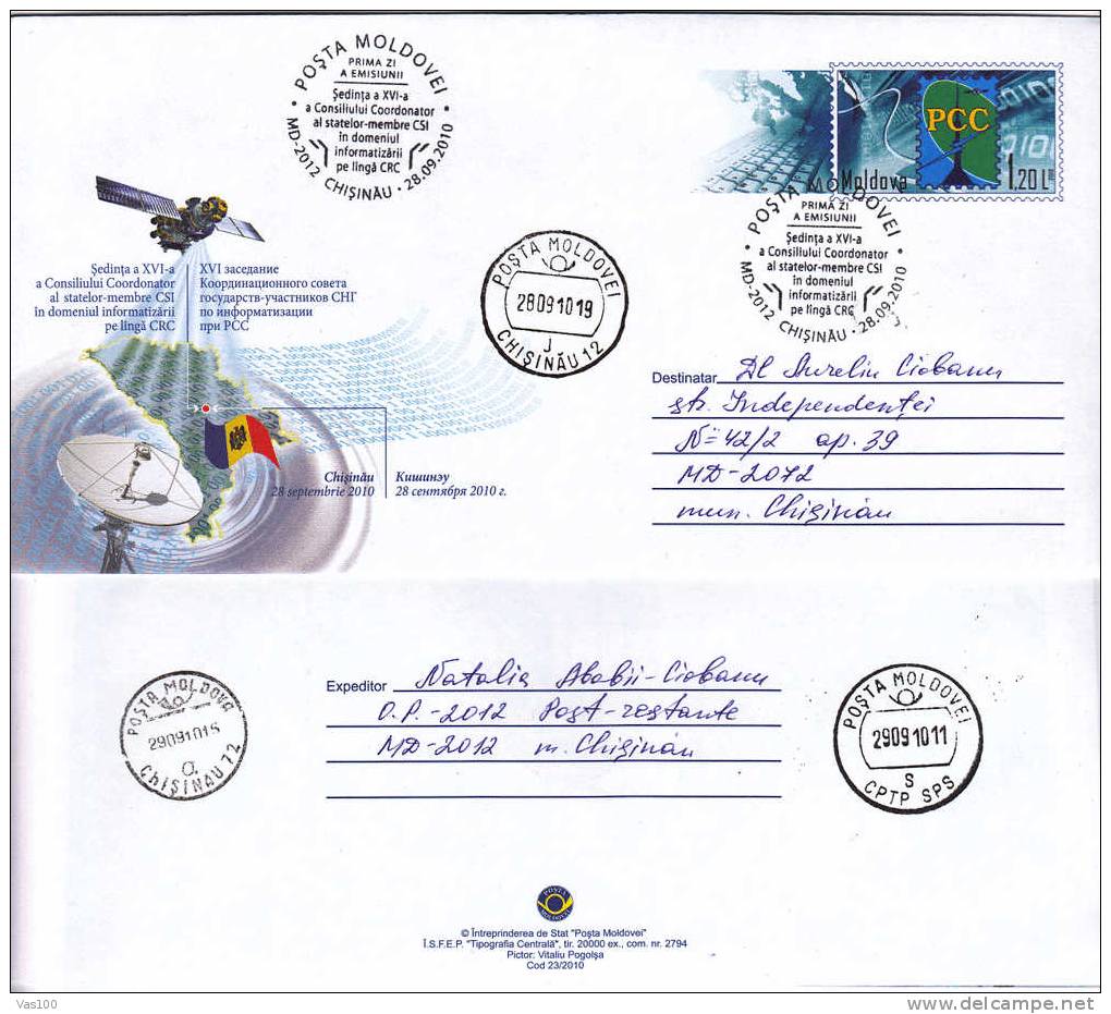 Moldova 2010 Stationery Cover ,obliteration FDC Sent To Mail In First Day!! Telecommunications,Computers,Antene, Satelit - Computers