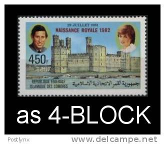 COMORO ISLANDS 1982.Diana´s Baby Castle 450F OVPT.ERROR:Red 4-BLOCK  [Fehler,erreur,errore,fout] - Famous Ladies