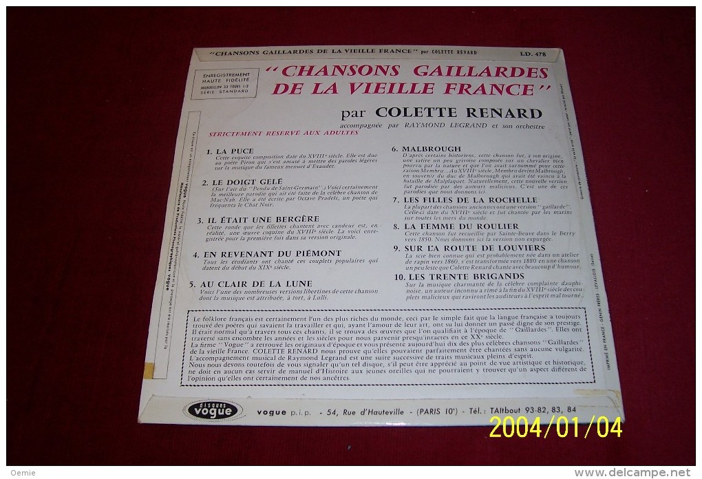 COLETTE RENARD °   CHANSONS GAILLARDES  DE LA VIEILLE FRANCE - Formats Spéciaux