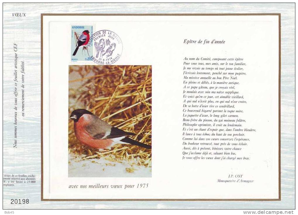 45 - Feuillet CEF Andorre La Vieille Bonne Année Meilleurs Voeux Oiseau Bouvreuil Epitre - Altri & Non Classificati