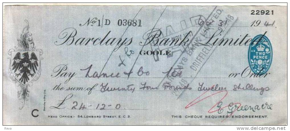 UK GREAT BRITAIN 24 POUNDS 12/-  CHEQUE  UINIFACE DATED GOOLE 31.10.1941  EF READ DESCRIPTION!! - Andere & Zonder Classificatie