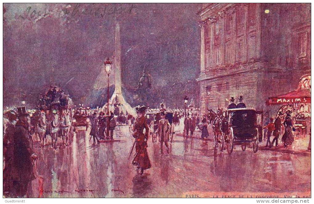 Paris , Place De La Concorde , Vue De Nuit.carte Dessinée Et Précurseur. - Paris By Night