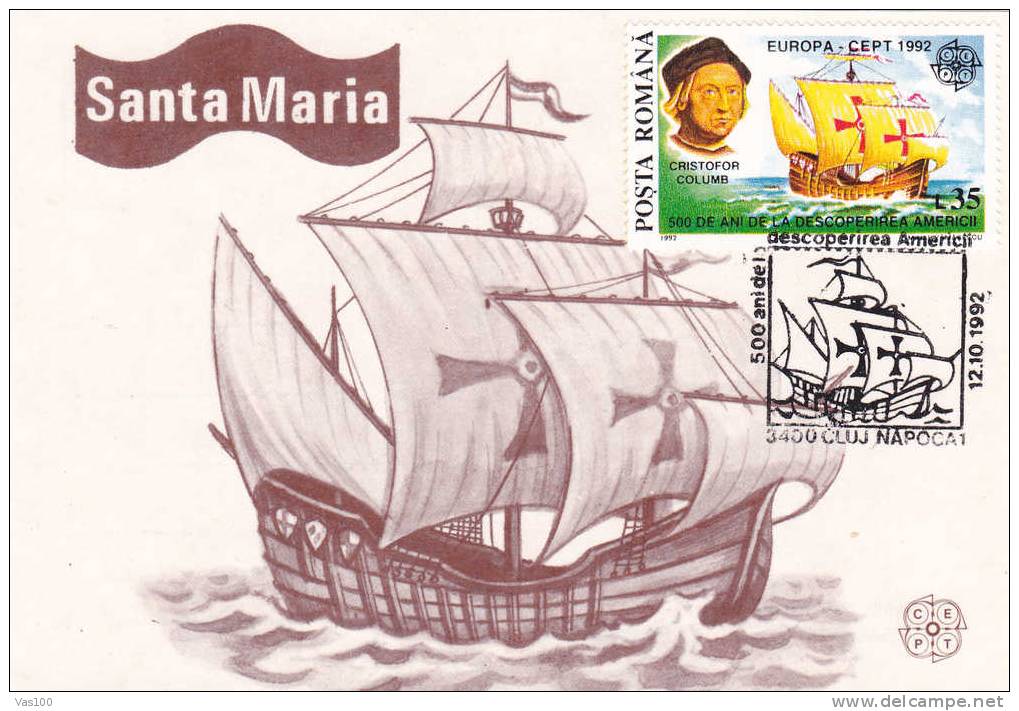 Romania 1992 MAXI CARD 1X EUROPA CEPT COLUMB PERFORATED,SHIP-AMERICA. - Onafhankelijkheid USA