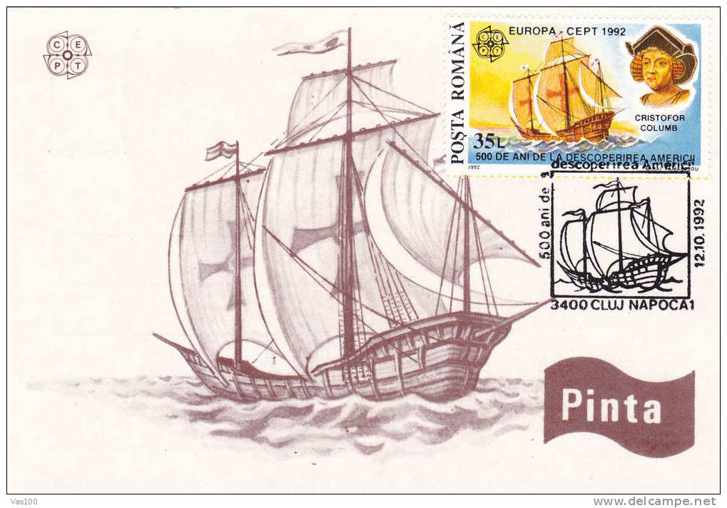 Romania 1992 MAXI CARD 1X EUROPA CEPT COLUMB PERFORATED,SHIP-AMERICA. - Onafhankelijkheid USA