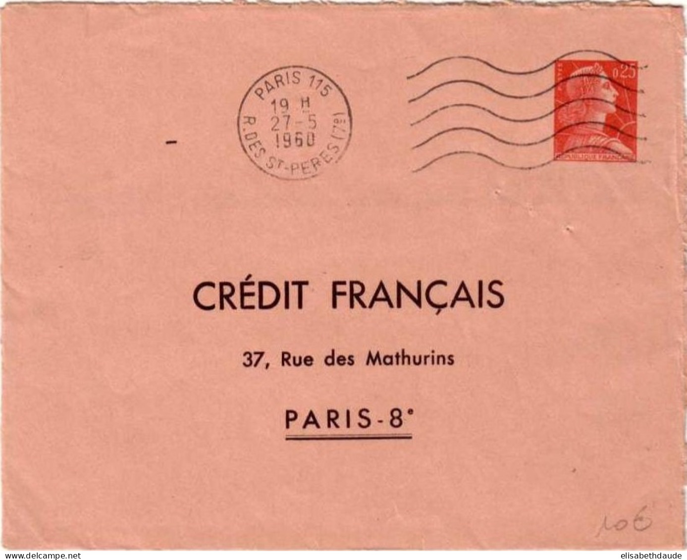 TYPE MULLER - ENVELOPPE TSC (CREDIT FRANCAIS)  OBLITEREE à PARIS - 1960 - Buste Postali E Su Commissione Privata TSC (ante 1995)