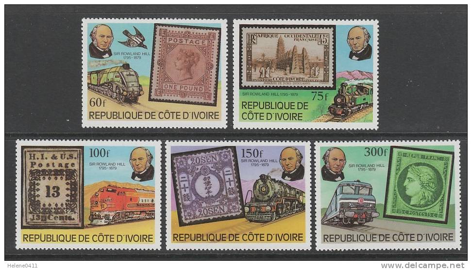 SERIE NEUVE DE COTE D´IVOIRE - TIMBRES SUR TIMBRES ET LOCOMOTIVES (CENTENAIRE MORT SIR ROWLAND HILL) N° 504 A 508 - Timbres Sur Timbres