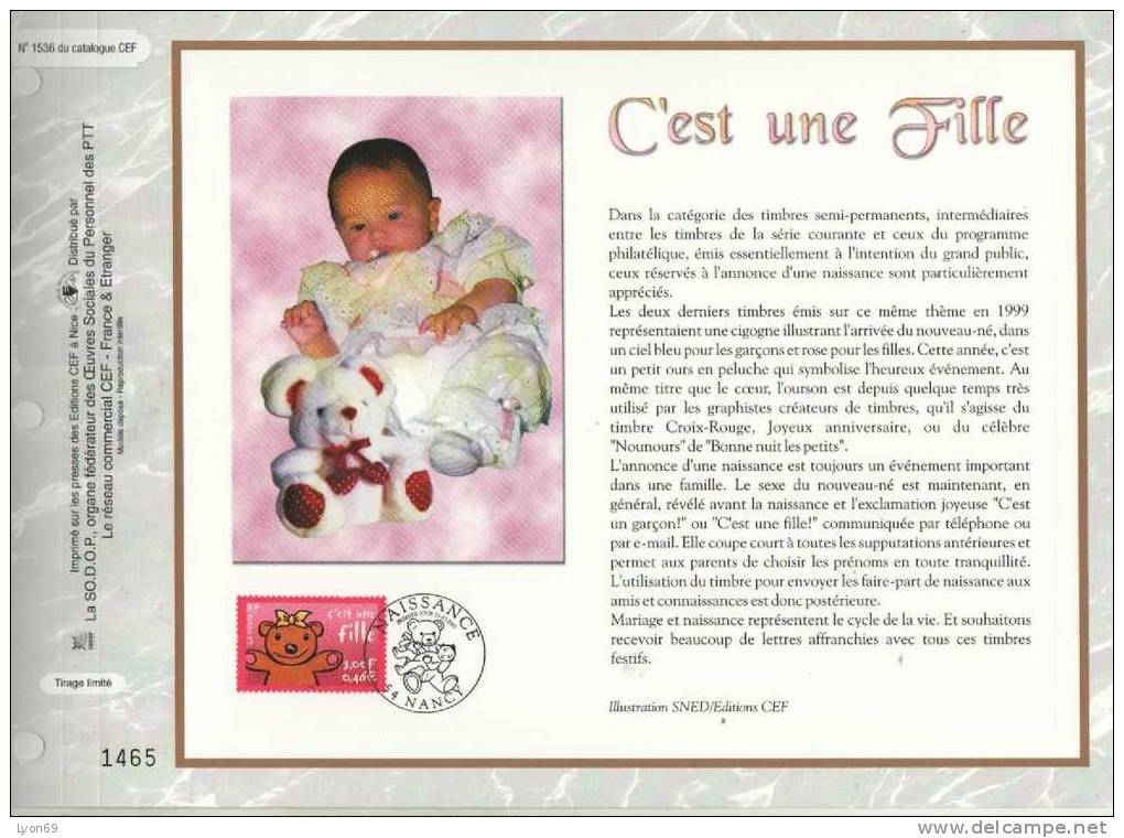 FEUILLET  CEF  1536  C´EST UNE FILLE EVENEMENT 2001 - Zonder Classificatie