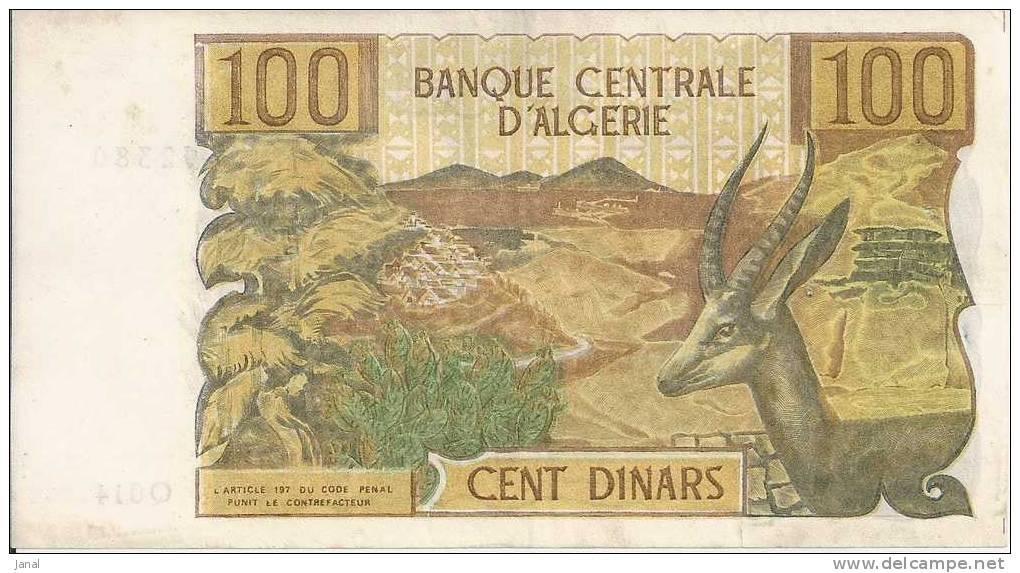 - ALGERIE - BILLETS -  1970 - 100 - CENT DINARS - N° Q14 - 02380 - Algerien