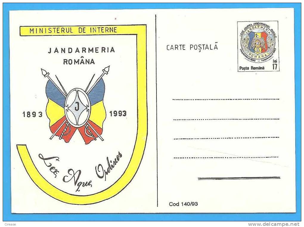 100 Years Since The Foundation Of Romanian Gendarmerie. ROMANIA  Stationery Postcard 1993. - Police - Gendarmerie
