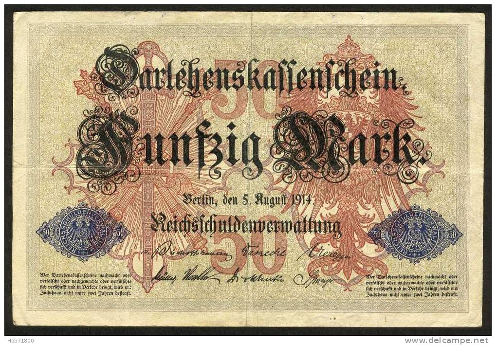 Billet Usagé - Allemagne - Geldscheine Aus Der Zeit Des Ersten Weltkriegs - 50 Mark - Q Nr 987650 - 05 Août 1914 - 50 Mark
