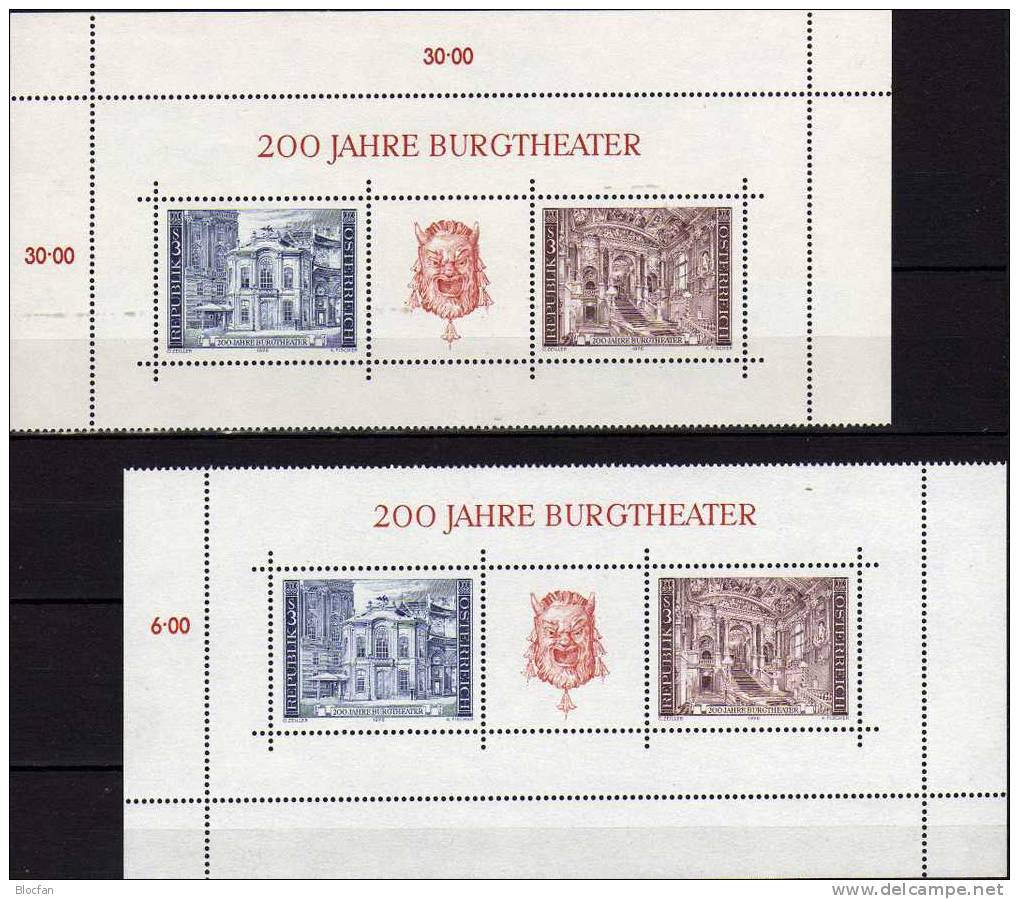 200 Jahre Burgtheater Wien Österreich 1507/8, ZD, Block 3+ 5-KB ** 14€ Theater - Maske, Architektur Der Feststiege - Theater