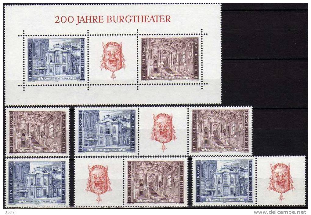 200 Jahre Burgtheater Wien Austria 1507/8, 3xZD+ Block 3 ** 6€ Theater-Maske, Architektur Der Feststiege, Michaelerplatz - Collections