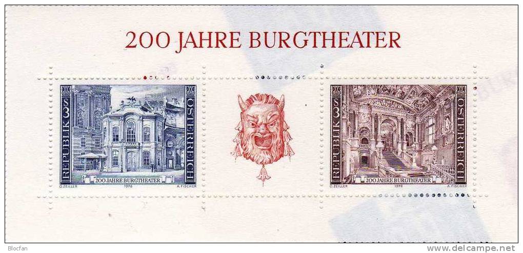 200 Jahre Burgtheater Wien Austria 1507/8, 3xZD+ Block 3 ** 6€ Theater-Maske, Architektur Der Feststiege, Michaelerplatz - Collections