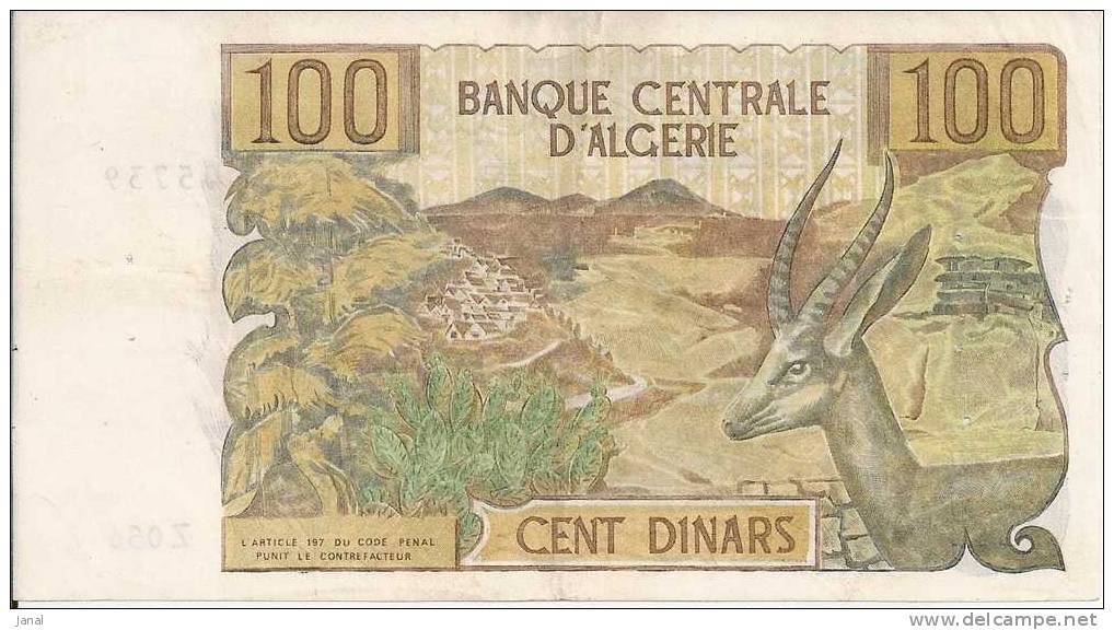 - ALGERIE - BILLETS - 1970 - 100 - CENT DINARS - N° Z.056 - 05739 - Argelia