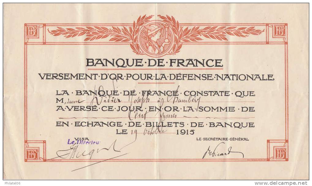 VERSEMENT D'OR POUR LA DEFENSE NATIONALE  1915  LEGERS PLIS VERTICAUX - Other & Unclassified