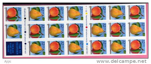 USA.Peche & Poire. Carnet De 20 T-p Neufs  (C2384). Cote 18.00 €  Annee  1995. Adhesifs - 3. 1981-...