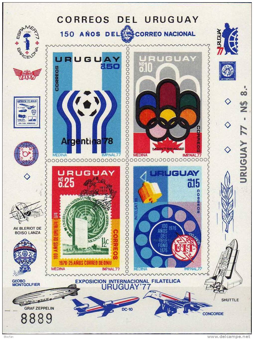 Expo UREXPO Uruguay Block I/1976 ** 40€ Olympiade 100 Jahre Telefon UPU 25 Jahre UN-Post Fußball-WM M/s Sheet Bf America - Uruguay