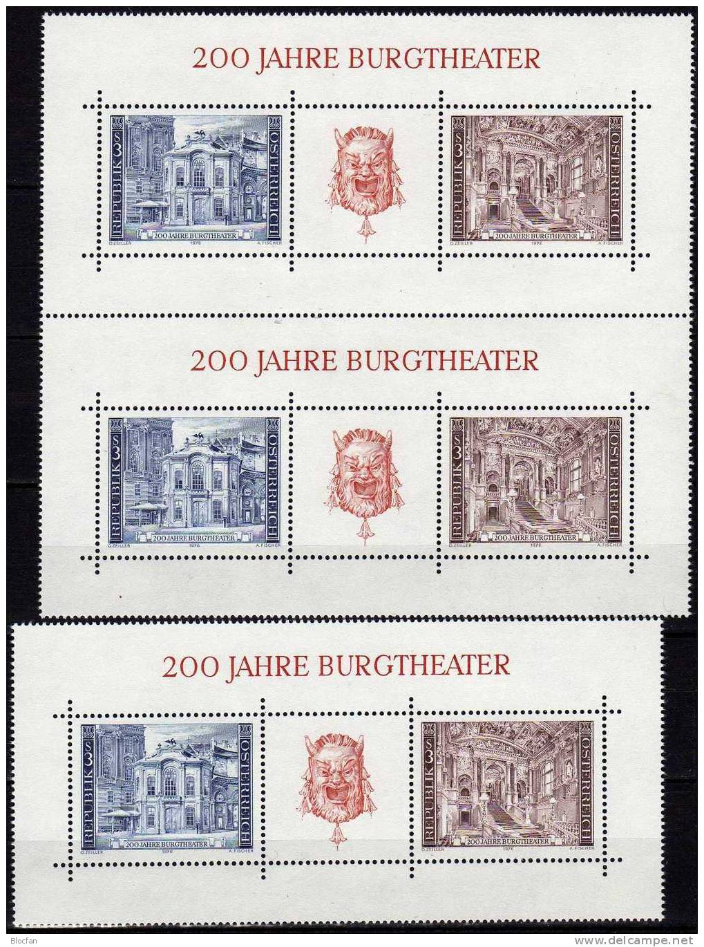 Doppelblock Burgtheater Austria 1507/8, ZD+ 3 X Block 3 ** 7€ Theater-Maske, Architektur Der Feststiege, Michaelerplatz - Sammlungen (im Alben)