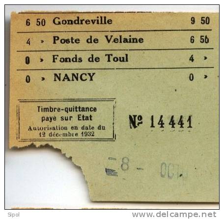 Ticket De Bus De Gondreville à Nancy N°14441 - Années 1950??? Coin Rogné - Europe