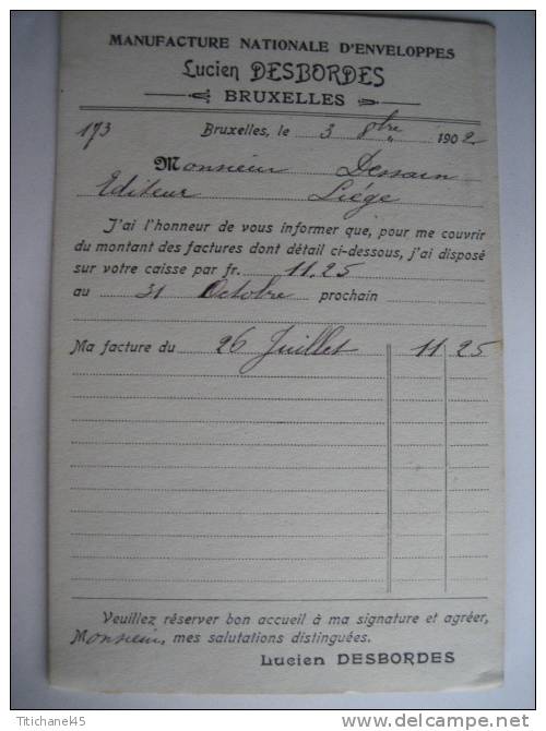 CP/PK Publicitaire BRUXELLES 1902 - Entête Manufacture D'enveloppes Lucien DESBORDES à BRUXELLES - Other & Unclassified