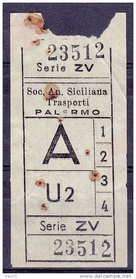 PALERMO  1950 / 60  - BIGLIETTO PER AUTOBUS -   A   Serie  " ZV " - Europe