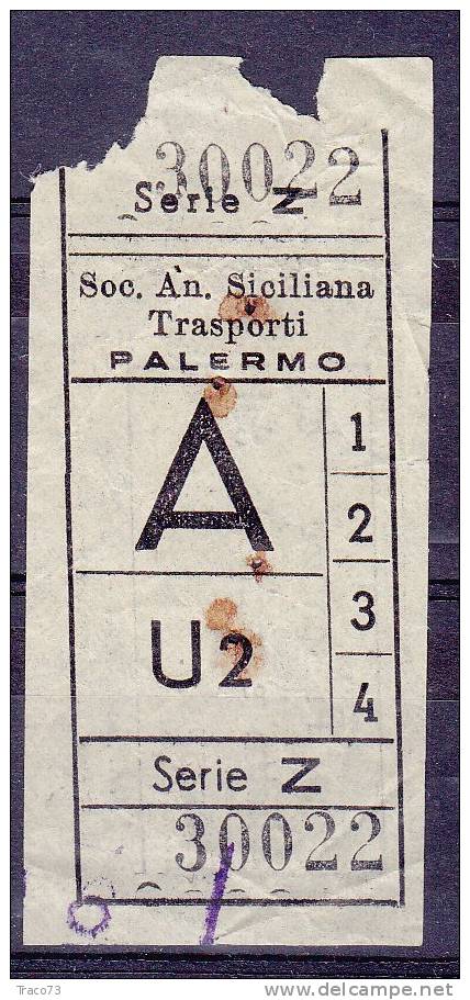 PALERMO  1950 / 60  - BIGLIETTO PER AUTOBUS -   A   Serie  " Z " - Europe