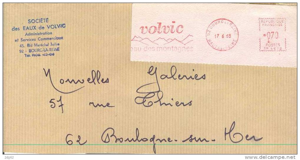 Eau, "Volvic", Montagne, Bourg La Reine - EMA Satas - Etiquette 13x4,5 Cm Sur Devant  D'enveloppe (G028) - Hydrotherapy