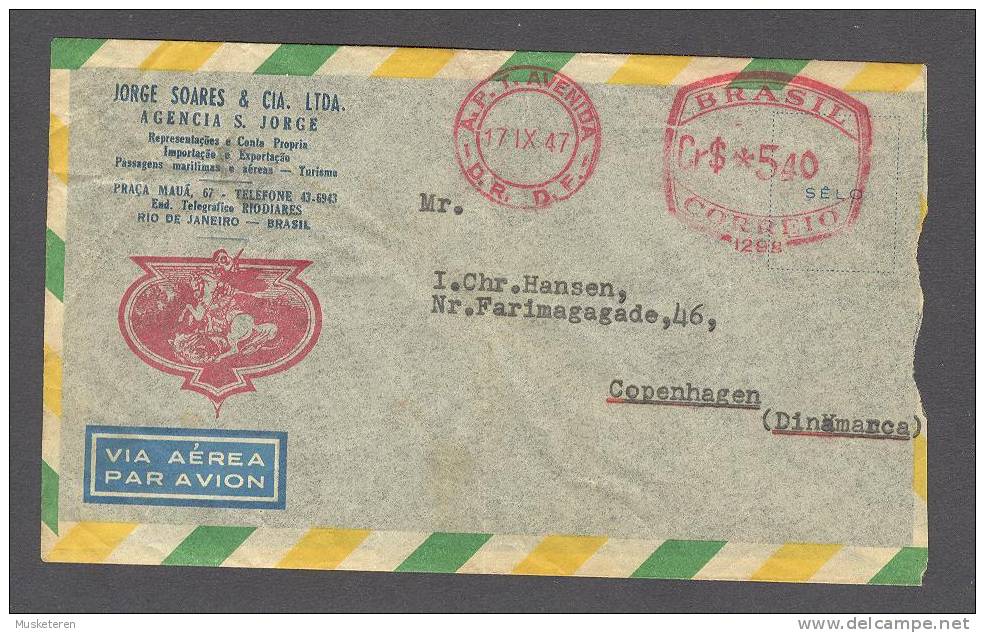 Brazil Airmail Par Avion JORGE SOARES & Cia. Ltda Meter Stamp Cancel Cover 1947 To Copenhagen Denmark Danimarca - Posta Aerea