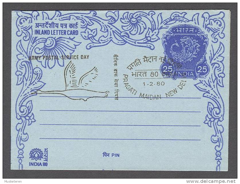 India Postal Stationery Inland Letter Card Army Postal Service Day 1980 Pragati Maidan New Delhi Cancel - Buste