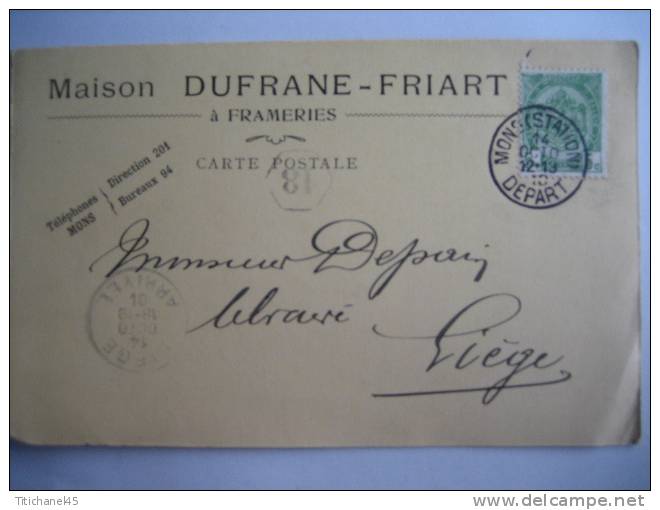 CP Publicitaire FRAMERIES 1910 - Entête MAISON DUFRANE-FRIART à FRAMERIES - Frameries