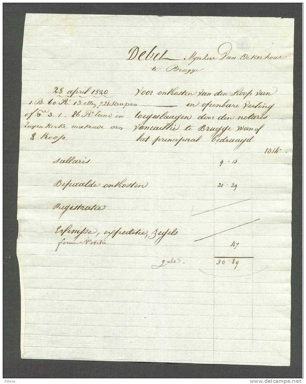 ONKOSTEN REKENING VERKOOP NOTARIS VANCAILLIE BRUGGE 28 APRIL 1820 - Documents Historiques