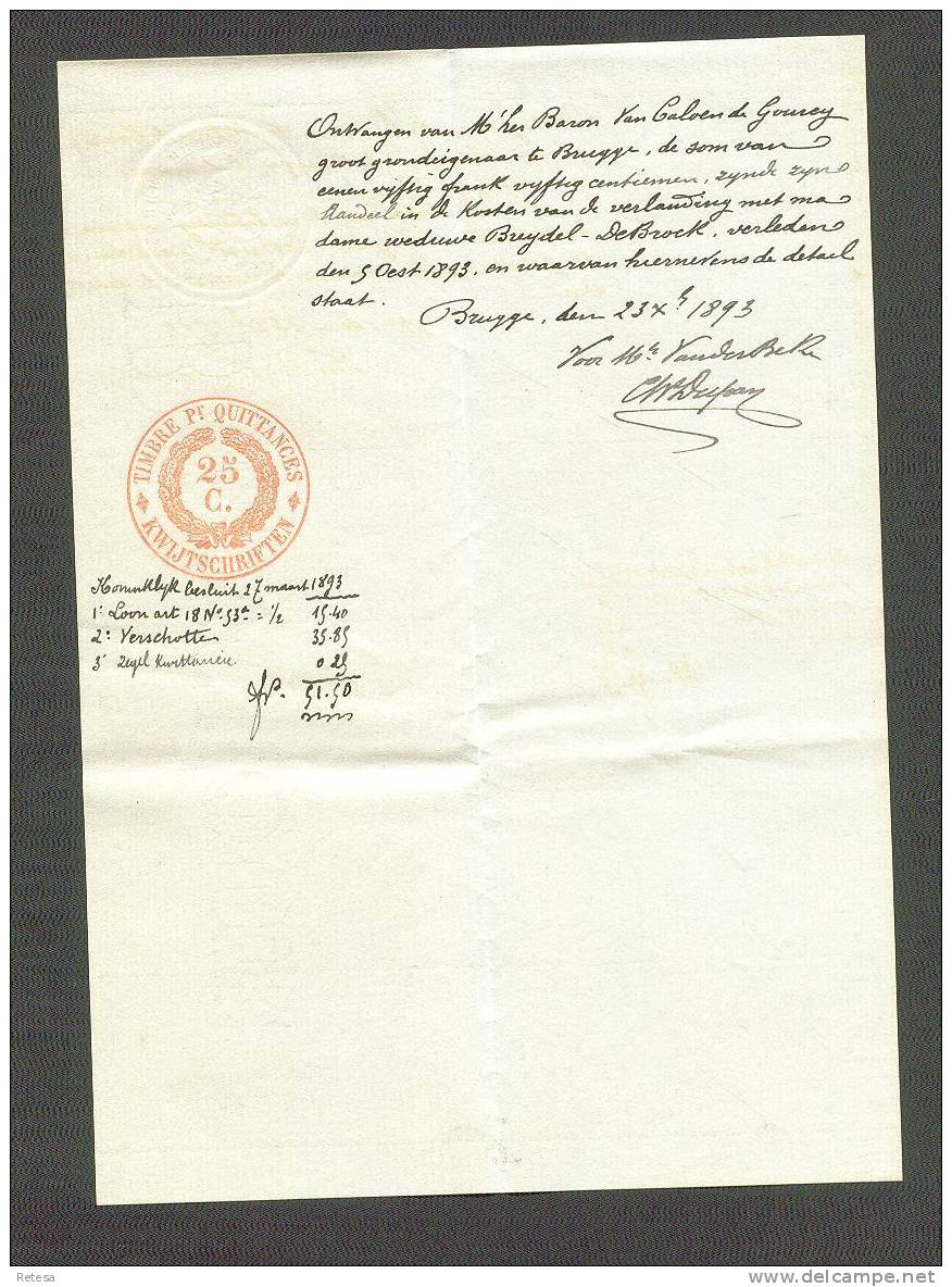 KWIJTSCHRIFT VAN  NOTARIS E. VANDERBEKE  AAN BARON Van Caloen De Gourey BRUGGE  1893 - Documents Historiques