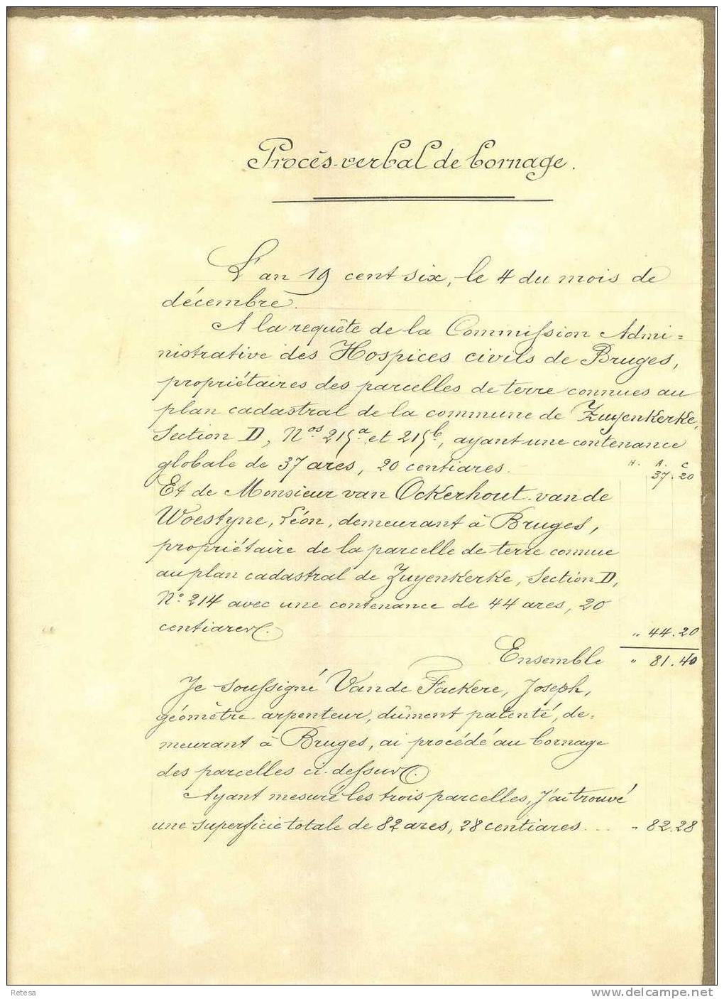 PROCES - VERBAL DE BORNAGE  GETEKEND - LA COMMISSION DES HOSPICES CIVIL DE BRUGES  12 DECEMBRE 1906 - Documents Historiques