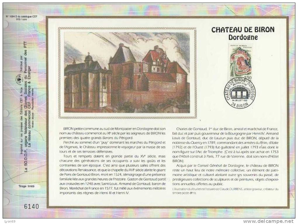 FEUILLET  CEF 1094 S    CHATEAU DE BIRON   SITE ET MONUMENT 1992 - Non Classés