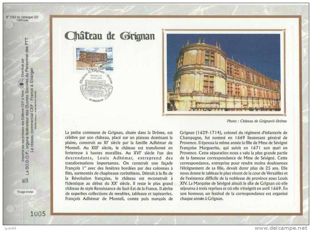 FEUILLET  CEF 1562 S CHATEAU DE GRIGNAN  SITE ET MONUMENT 2001 - Non Classés