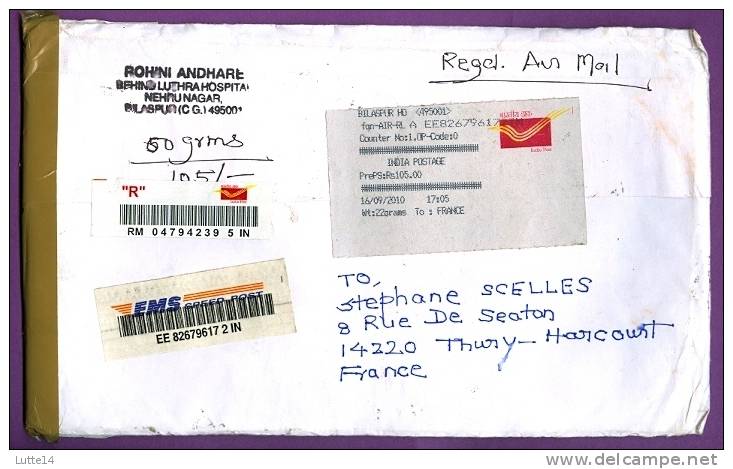 INDE : Enveloppe Avec Timbres - 16/09/2010 Recommandé - CV RAMAN - INDIRA GHANDI - Lettres & Documents