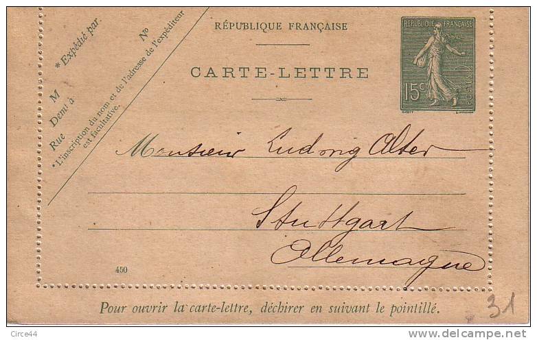 ENTIER TYPE SEMEUSE.15CTS VERT.1910.ECRITE PARTIELLEMENT MAIS NON ENVOYEE. - Letter Cards